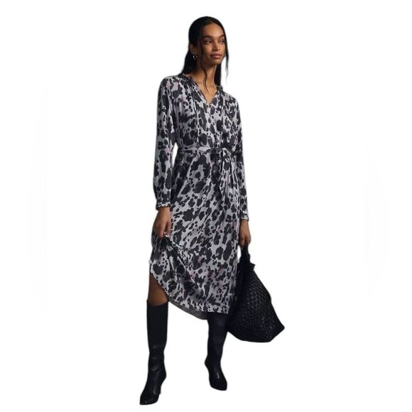 cloth & stone Dresses & Skirts - Anthropologie Cloth & Stone Long Sleeve Midi Dress Leopard Print Black Gray M